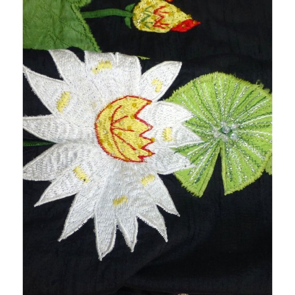 Handcrafted Tunic Nights Black Silk Jacket With Embroidered Lotus Flowers & Gree - Picture 9 of 11